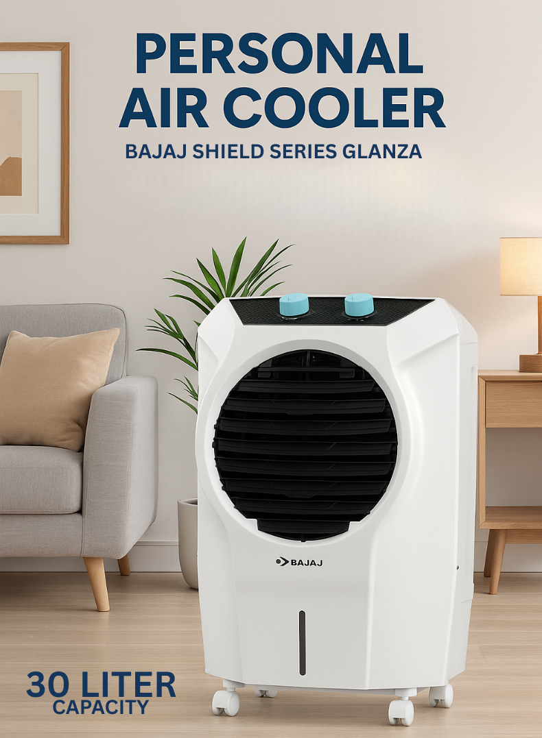 Bajaj Shield Series Glanza 30 Litres Personal Air Cooler – Compact & Stylish Cooler with Honeycomb Pads, Turbo Air Throw, Ice Chamber, Inverter Compatible, Energy Efficient Cooling for Bedrooms & Offices 480165 white