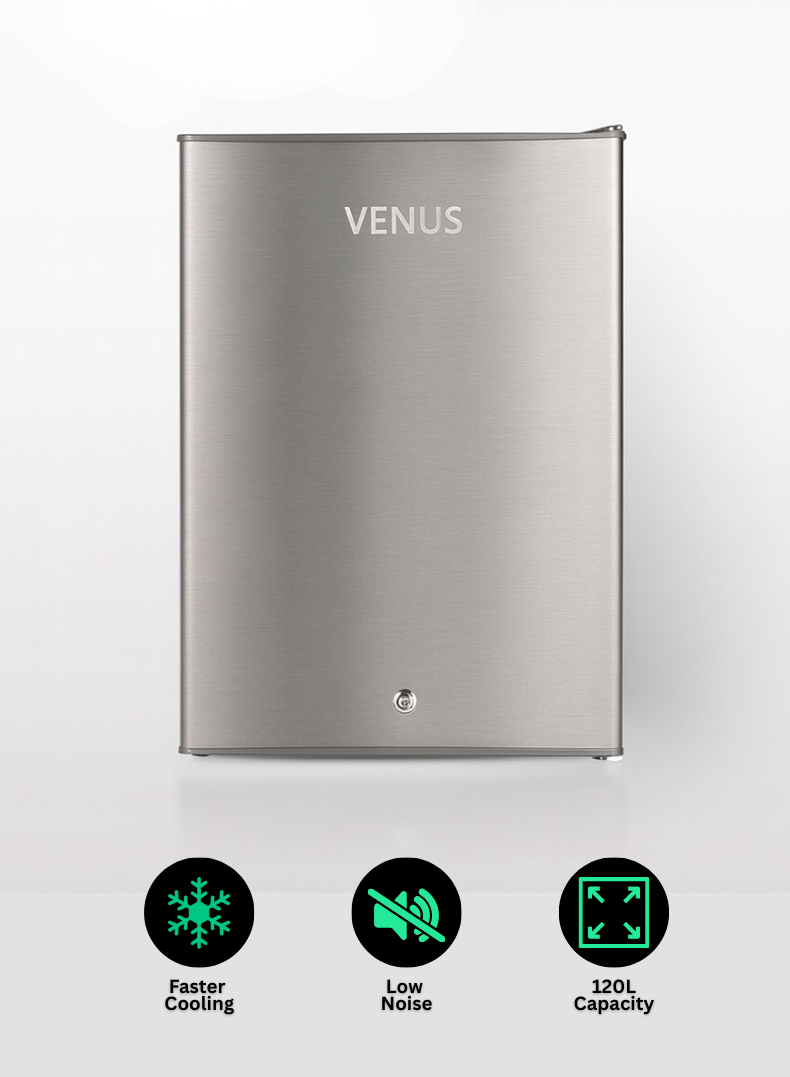 VENUS 120L Single Door Refrigerator – Model VG165C | Stainless Steel Finish, R600a Eco-Friendly Gas, Tempered Glass Shelves, Compact & Energy Efficient