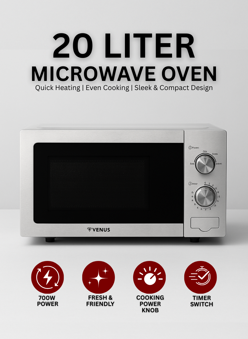 VENUS VMO-20SS 20L Microwave Oven | Silver, Stainless Steel Body, Chrome Finish Knobs, Push-Button Automatic Door – Compact & Stylish Design-one year warranty.