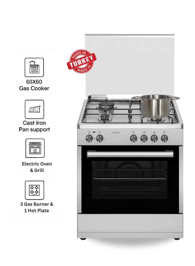 Venus 60x60 cm Stainless Steel Cooking Range | 3 Gas Burners + 1 Electric Hotplate | Electric Oven & Grill | Auto-Ignition | Durable Pan Supports | Made in Turkey| Compact Family Cooking Range – Model VC6631ESD