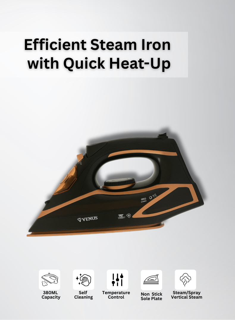 Venus Steam Iron VSI 22 GP – 2400W Powerful Steam Iron with Thick Ceramic Soleplate, Spray & Steam Functions, Anti-Drip System, Self-Cleaning, Large 380 ml Water Tank, Auto Shut-Off Safety Feature – Smooth & Efficient Ironing-One year Warranty.