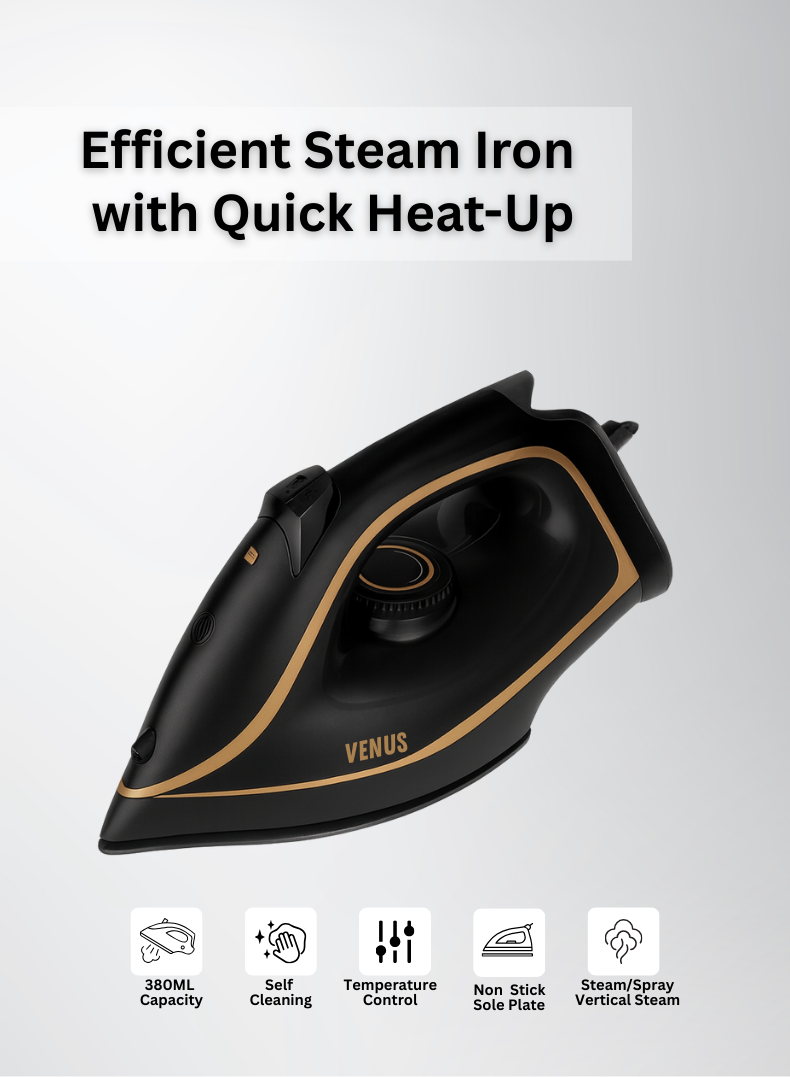 Venus Steam Iron VSI 24 SB – Powerful 2400W Steam Iron with Thick Ceramic Soleplate, Spray & Steam Functions, Anti-Drip System, Self-Cleaning, Large 380 ml Water Tank, Auto Shut-Off Safety Feature – Smooth & Reliable Ironing-One year warranty.