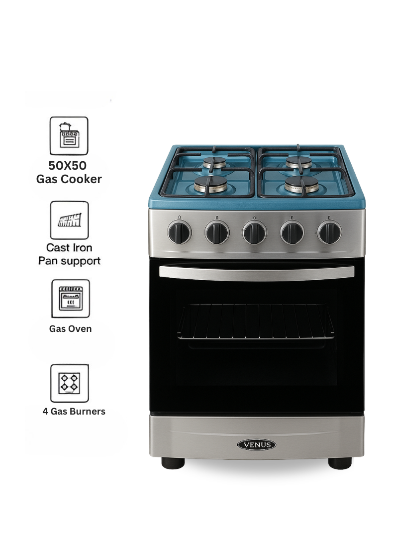 Venus 55x50 cm Full Stainless Steel Cooking Range | 4 Gas Burners with Thick Brass Burner Caps | Gas Oven with Mirror Finish Glass Door | Automatic Ignition | Compact Premium Design. Model VC5555ESD