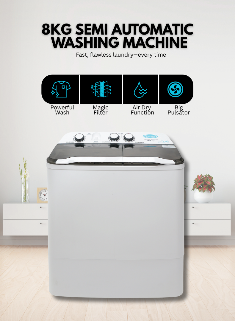 Venus 8KG Semi Automatic Washing Machine VWP820 – Semi-Transparent Lid, High-Efficient Motor, Spin Dry System, Easy-Turn Big Knobs, High-Grade Plastic Body-One Year Warranty.