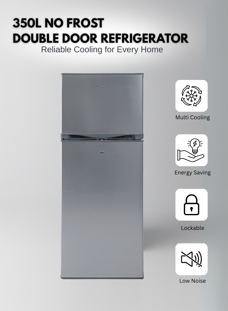 Venus 350L Double Door Refrigerator | No Frost, Stainless Steel Finish, Multi Cooling System, Tempered Glass Shelves, Eco-Friendly R600a-VG352CS