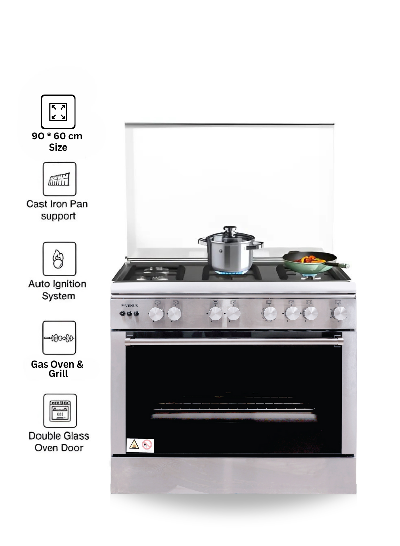 Venus 90x60 cm Stainless Steel Cooking Range | 5 Gas Burners with Triple Ring Burner | Full Gas Oven & Grill | Auto-Ignition | Durable Cast Iron Pan Supports | Family-Size Capacity – Model VC9060ESD