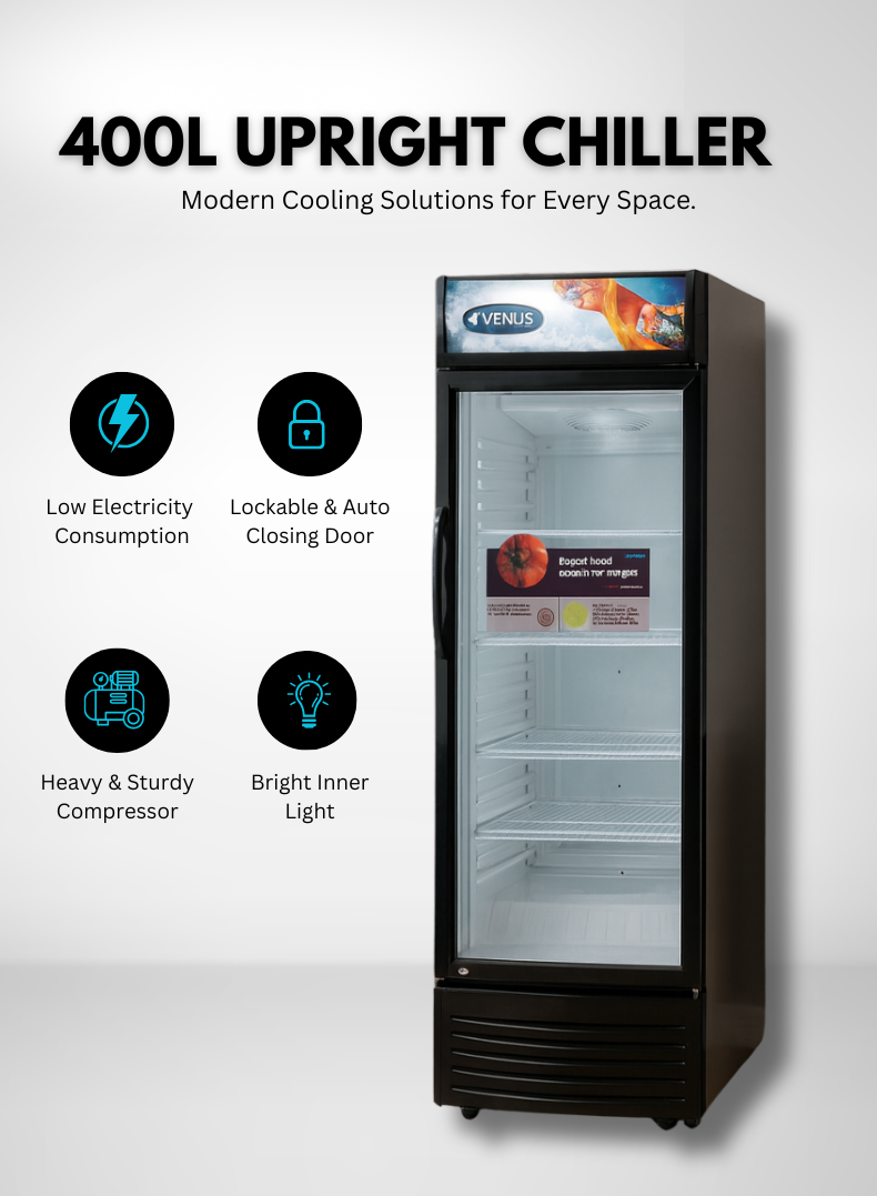 Venus 400L Upright Chiller | Heavy-Duty Compressor, Efficient Temperature Control, Low Power Consumption, Auto Closing Door, Rust-Free Metallic Body-VUSC401BL-One Year warranty.