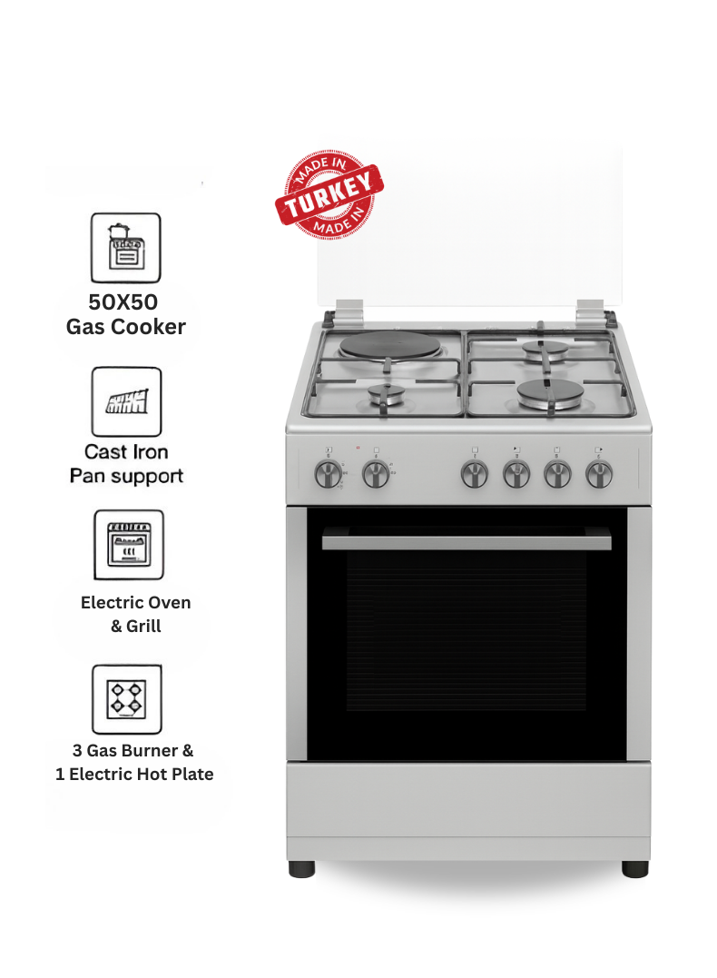 Venus 55x50 cm Stainless Steel Cooking Range | 3 Gas Burners + 1 Electric Hotplate | Electric Oven & Grill | Auto-Ignition | Compact Space-Saving Design | Made in Turkey – Model VC5531ESD