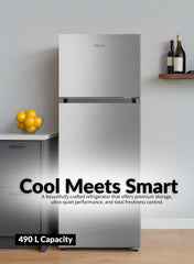 Kelon 490 Liters Top Mount Refrigerator – Double Door, Large Freezer & Fridge, Adjustable Glass Shelves, Energy Efficient Cooling, Low Noise Operation, Modern White Finish – KRD-49WRS Silver-One Year And Five Years Compressor warranty.