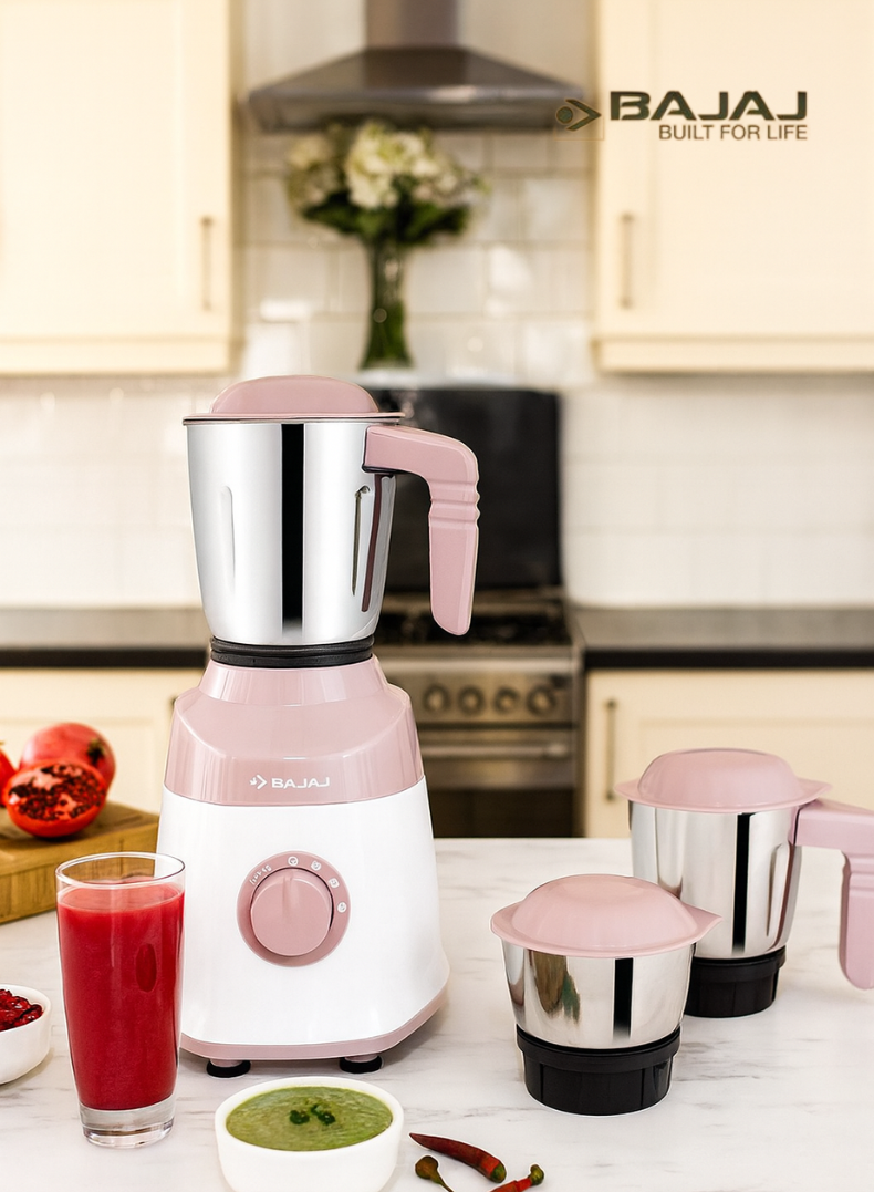 Bajaj Military Series 500W Mixer and Grinder Durable Multi-Purpose Kitchen Appliance with 3 Jars for Grinding and Blending 500 W 410582 White & Pink