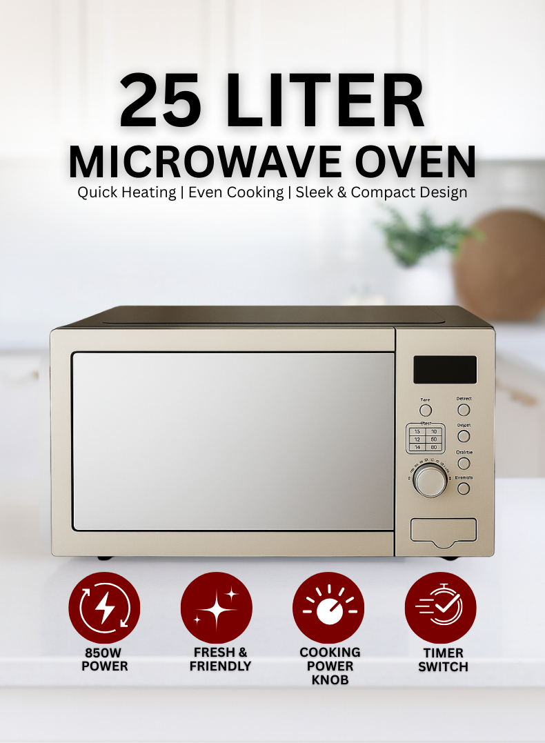 Venus 25L Grill Microwave Oven | 1200W Powerful Grill & Reheat Function | Premium Stainless Steel Body | 60-Minute Cooking Timer | Mirror Finish-One year Warranty.