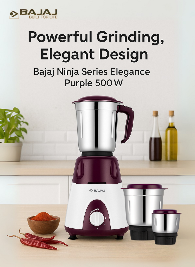 Bajaj Ninja Series Elegance Mixer Grinder, 3 Stainless Steel Jars, Multi-Functional Blades, Overload Protection – Finish, 500 W 410568 purple