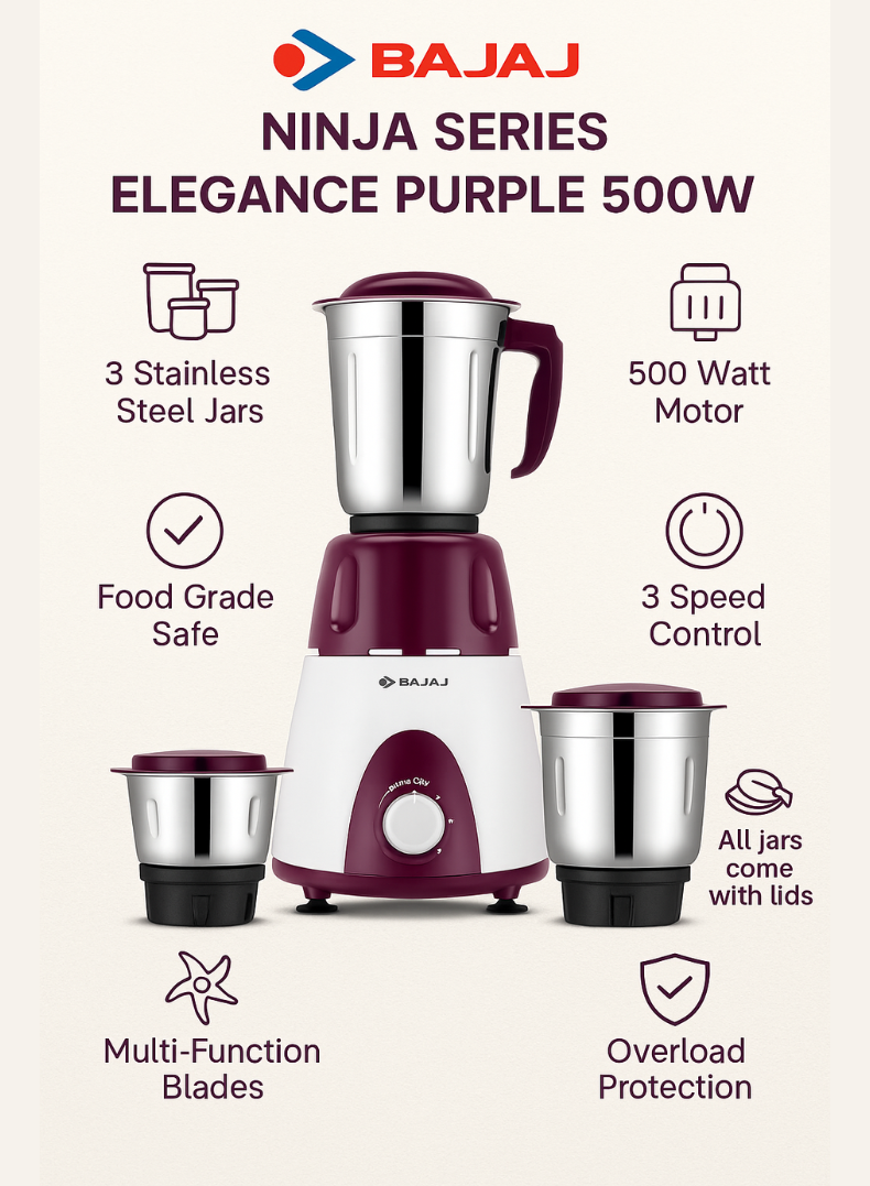Bajaj Ninja Series Elegance Mixer Grinder, 3 Stainless Steel Jars, Multi-Functional Blades, Overload Protection – Finish, 500 W 410568 purple