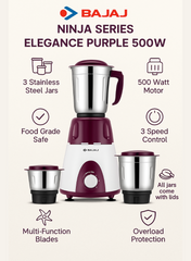 Bajaj Ninja Series Elegance Mixer Grinder, 3 Stainless Steel Jars, Multi-Functional Blades, Overload Protection – Finish, 500 W 410568 purple