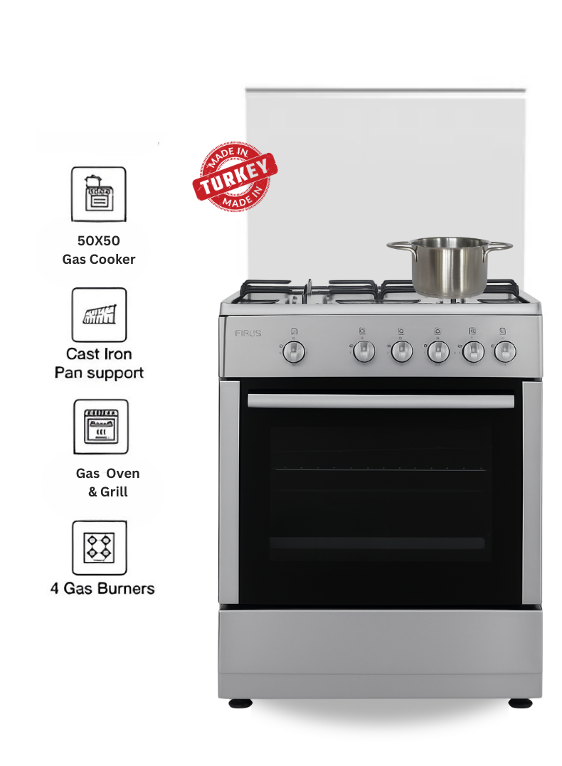 Venus 55x50 cm Stainless Steel Cooking Range | 4 Gas Burners with Auto-Ignition | Gas Oven & Grill with Double Layer Insulation | Chrome Finish Knobs | Made in Turkey – Model VC5540GSX