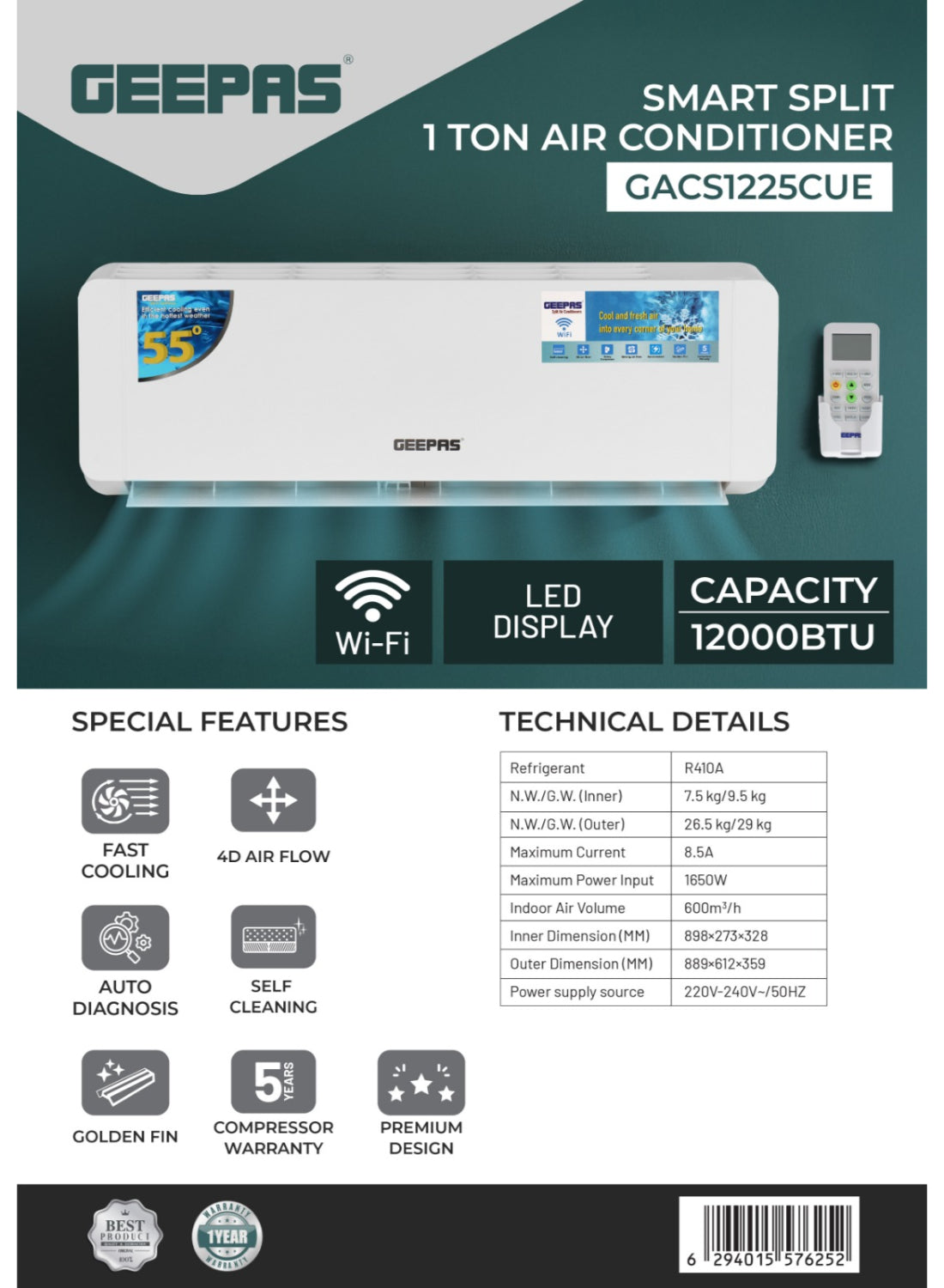 Geepas 1.0 Ton Split Type Air Conditioner 12000 BTU| LED Display, Auto Restart, Strong Airflow, Energy-Saving, Elegant Design| GACS1225CUE