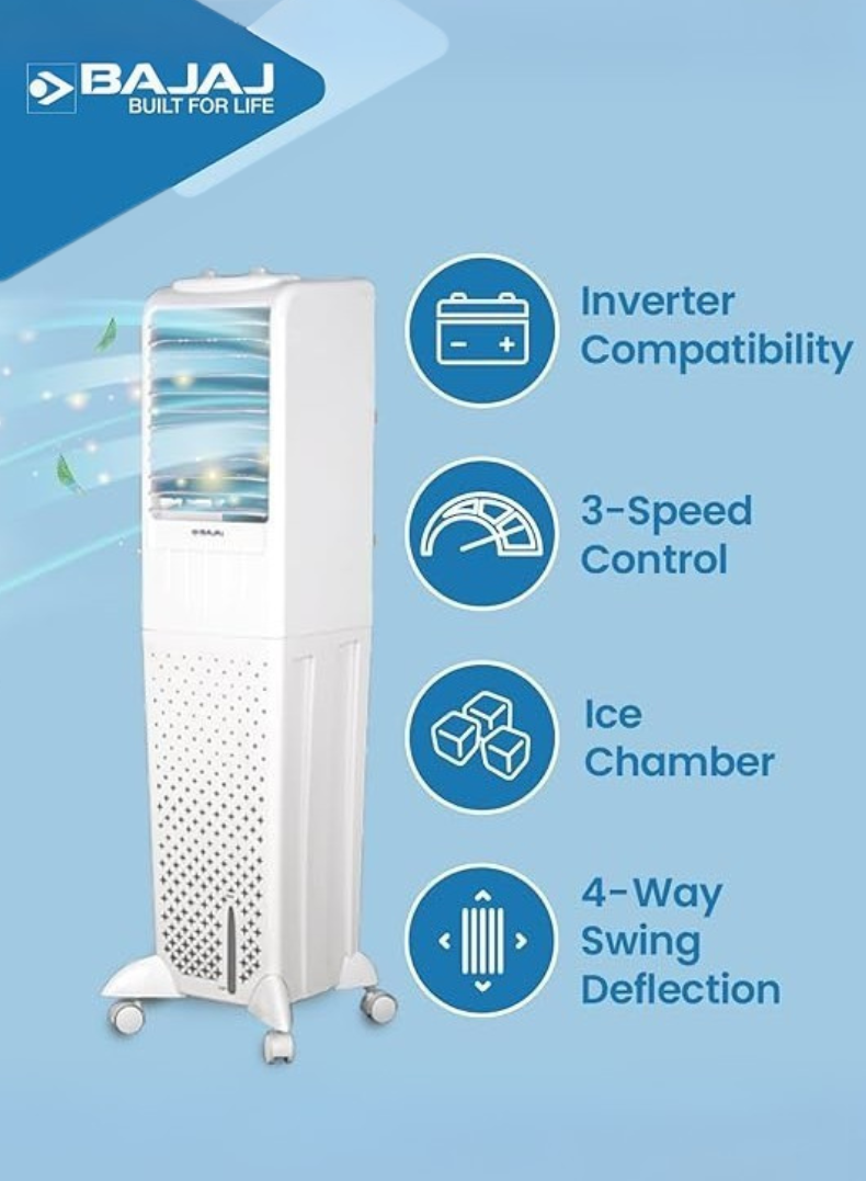 Bajaj TMH50 50L Tower Air Cooler with DuraMarine Pump (2-Yr Warranty), Hexacool & Typhoon Blower Technology, Ice Chamber, 30 Ft Air Throw, Portable AC for Home – White 480118 white