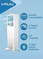 Bajaj TMH50 50L Tower Air Cooler with DuraMarine Pump (2-Yr Warranty), Hexacool & Typhoon Blower Technology, Ice Chamber, 30 Ft Air Throw, Portable AC for Home – White 480118 white