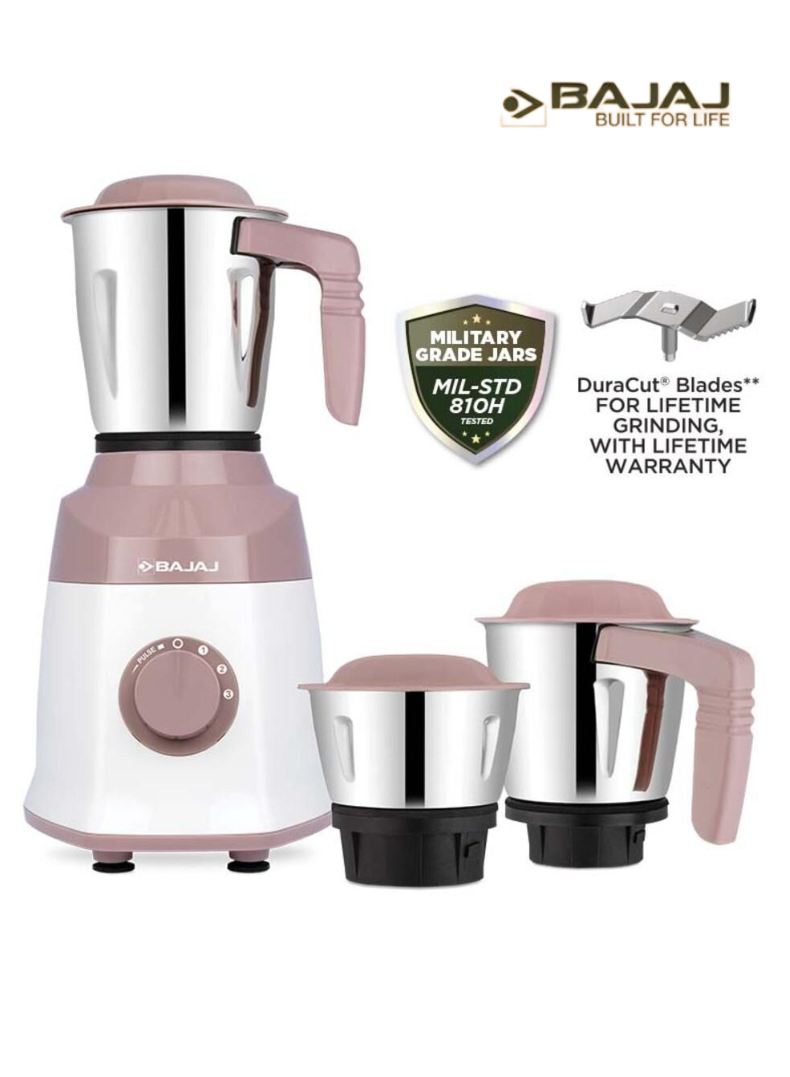 Bajaj Military Series 500W Mixer and Grinder Durable Multi-Purpose Kitchen Appliance with 3 Jars for Grinding and Blending 500 W 410582 White & Pink