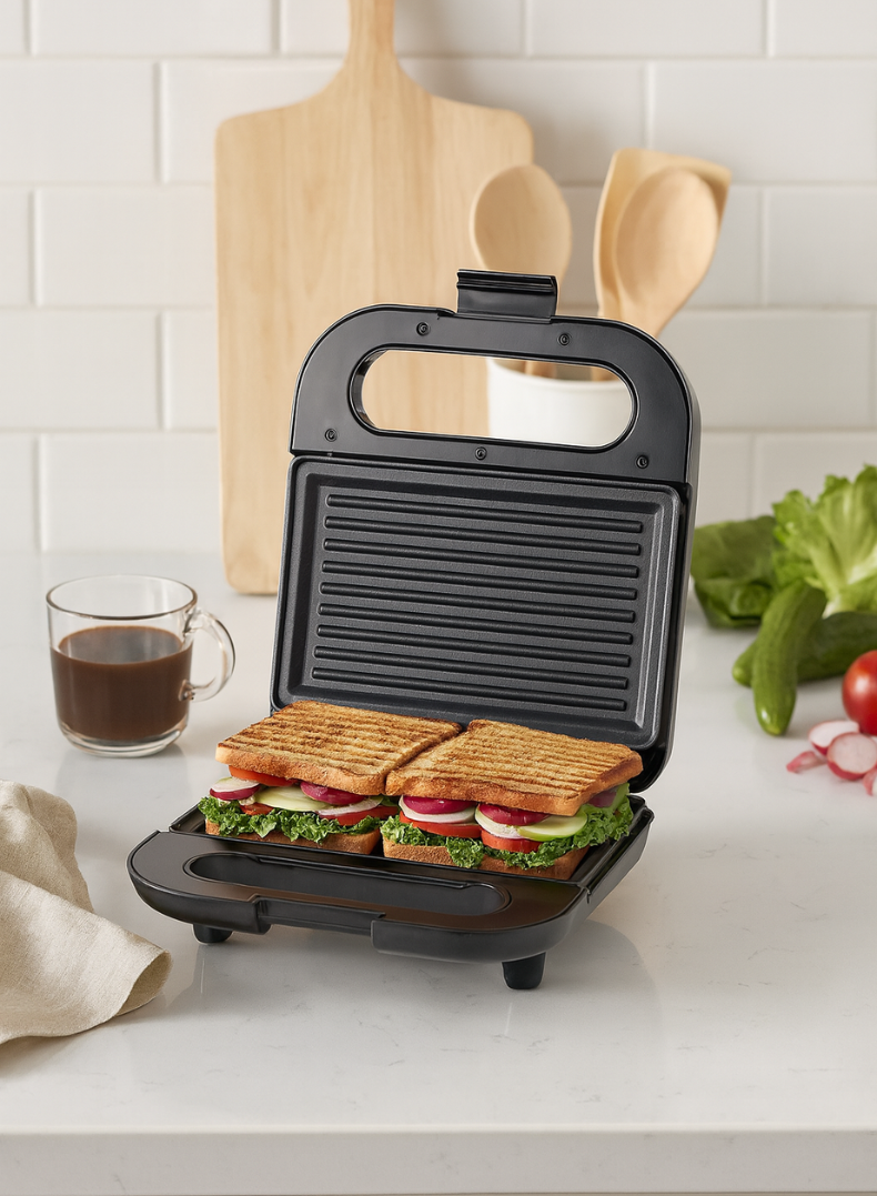 Bajaj SWX 6 2-Slice Sandwich Griller – Non-Stick Coated Plates, Buckle Clip Lock, Compact Upright Storage, Easy to Clean, Cool-Touch Body 800 W 270112 black