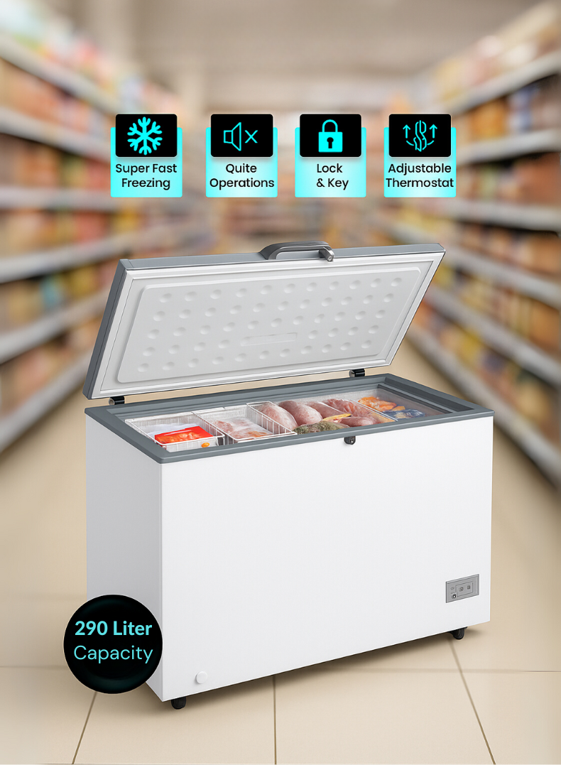 Lloyd 290 L Nett Capacity Chest Freezer, Model GOHT304FSH – 4-Star Energy Rating, Durable External Condenser, Deep Freezing Technology, Adjustable Thermostat, White Finish – Ideal for Home, Commercial & Restaurant Use