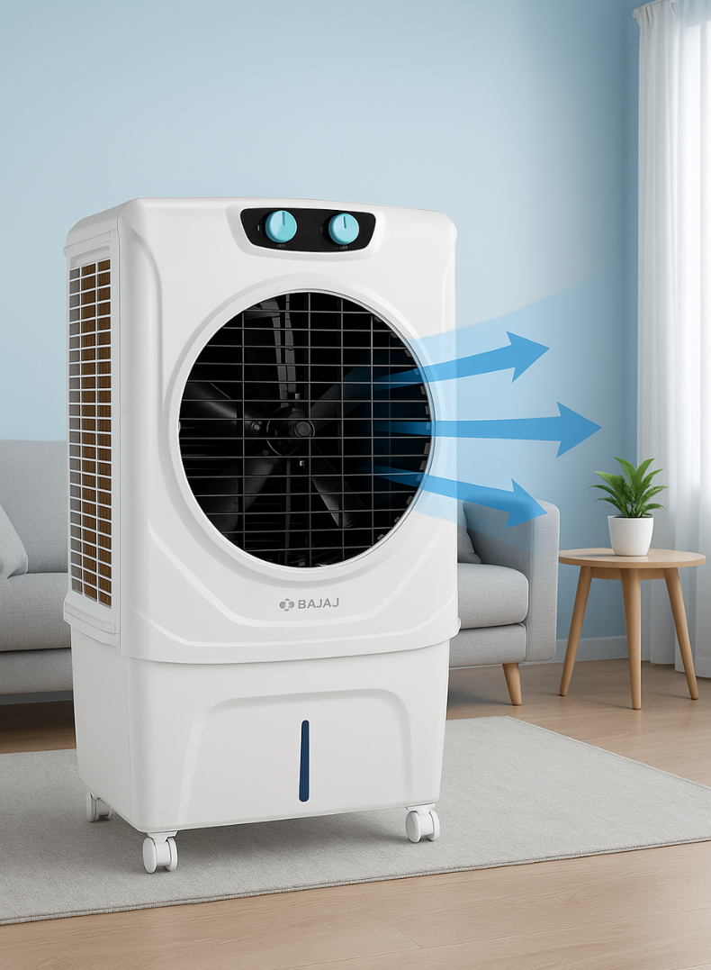 Bajaj Shield Series Chisel 50 Litres Personal Air Cooler – Powerful & Compact Cooler with Honeycomb Pads, Turbo Air Throw, Ice Chamber, Inverter Compatible, Energy Efficient Cooling for Homes & Offices 480138 WHITE