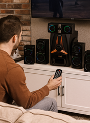 I sonic IS460 5.1 Channel Home Theater Speaker System with 25,000 PMPO Output, Bluetooth Connectivity, USB/SD/FM Support, LED Display & Remote Control – Surround Sound for Home Entertainment-One Year Warranty.