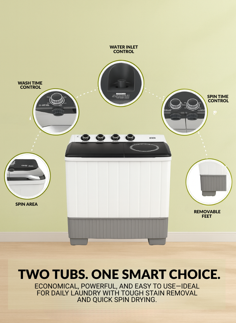 Kelon 14 kg Semi-Automatic Washing Machine – Twin Tub Design, Ultra-Large Wash And Spin Capacity, Powerful Pulsator, Water And Energy Efficient, Rust-Resistant Body, Low Noise Operation – Model KWSBE141 KWSBE141 White-One Year Warranty.
