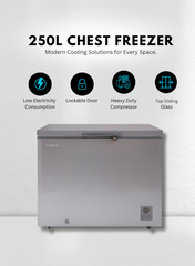 Venus Chest Freezer VCF250 – 250 Litres Gross Capacity, Heavy Duty Compressor, Glossy Silver Finish, R600a Eco-Friendly Refrigerant, Top Sliding Glass Door