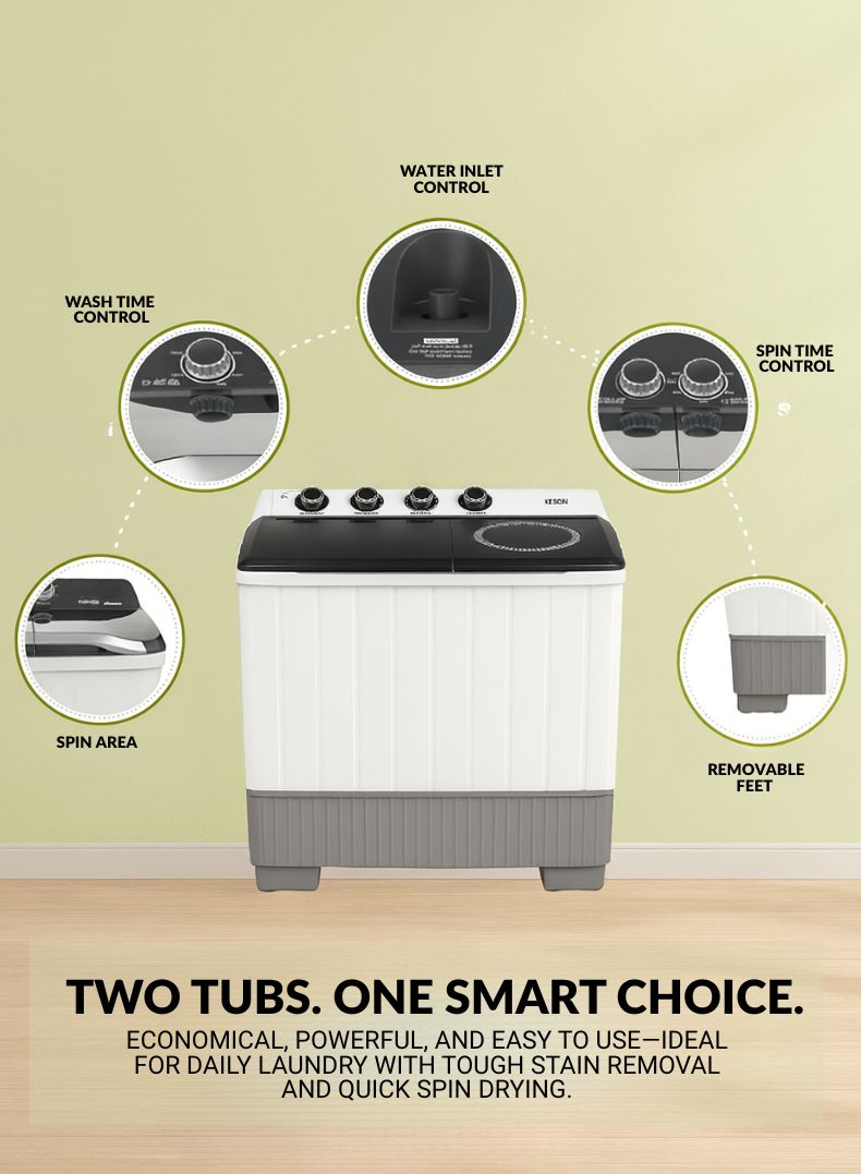 Kelon 12 kg Semi-Automatic Washing Machine – Twin Tub Design, High-Capacity Wash And Spin, Powerful Pulsator, Water And Energy Efficient, Rust-Resistant Body, Low Noise Operation, White Finish – KWSBE121 White-One Year Warranty.