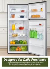 Kelon 729 Liters Top Mount Refrigerator – Double Door, Ultra-Large Freezer And Fridge, Adjustable Glass Shelves, Energy Efficient Cooling, Low Noise Operation, Premium White Finish – KRD-77WRS Silver-One Year And Five Years Compressor warranty.