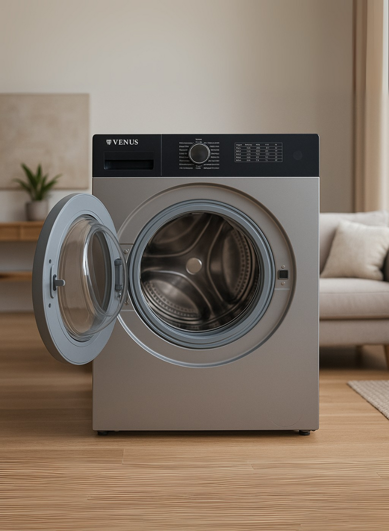 Venus 7KG Front Load Fully Automatic Washing Machine – Smart LED Display Panel, Hygienic Baby Care Wash Mode, 15-Minute Rapid Wash Program, 150° Wide Open Door, Energy & Water Efficient, Modern Silver Finish-One year Warranty.
