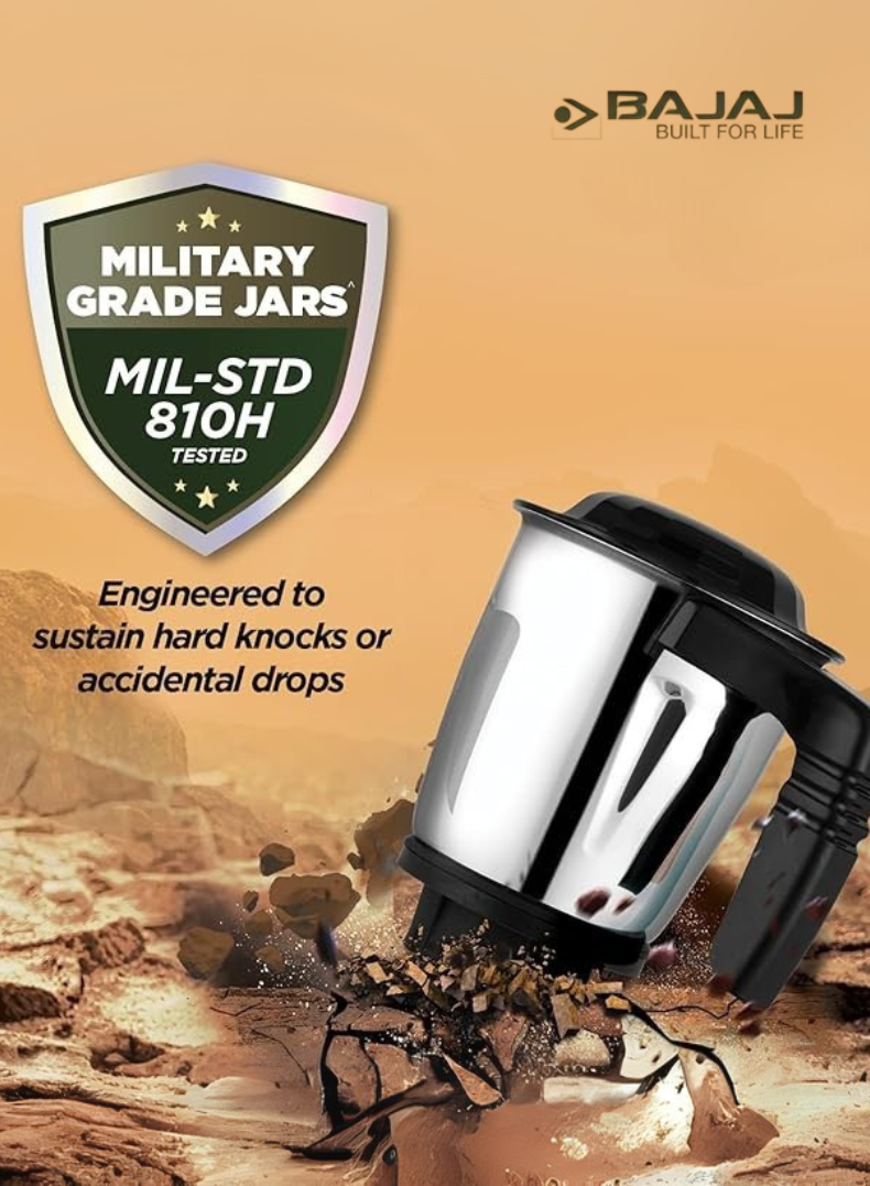 Bajaj Military Series Finesse Mixer Grinder, 4 Stainless Steel Jars, Heavy-Duty Blades, Overload Protection – Midnight Finish, 750 W 410592 black