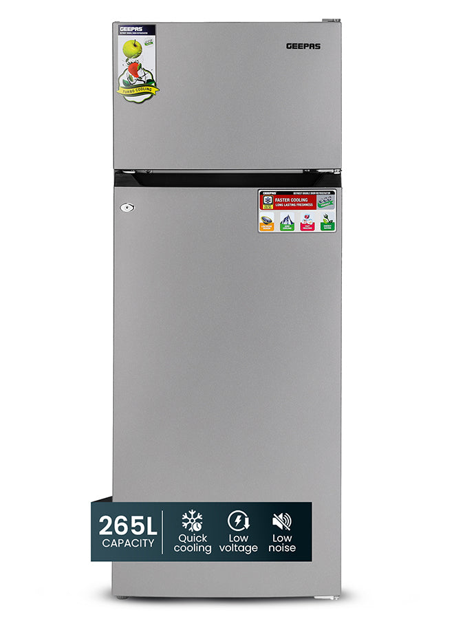 GEEPAS 240L Gross/205L Net Capacity Double Door Defrost Refrigerator 37L Freezer Capacity 265 L GRF2400SXE Silver