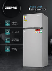GEEPAS 240L Gross/205L Net Capacity Double Door Defrost Refrigerator 37L Freezer Capacity 265 L GRF2400SXE Silver