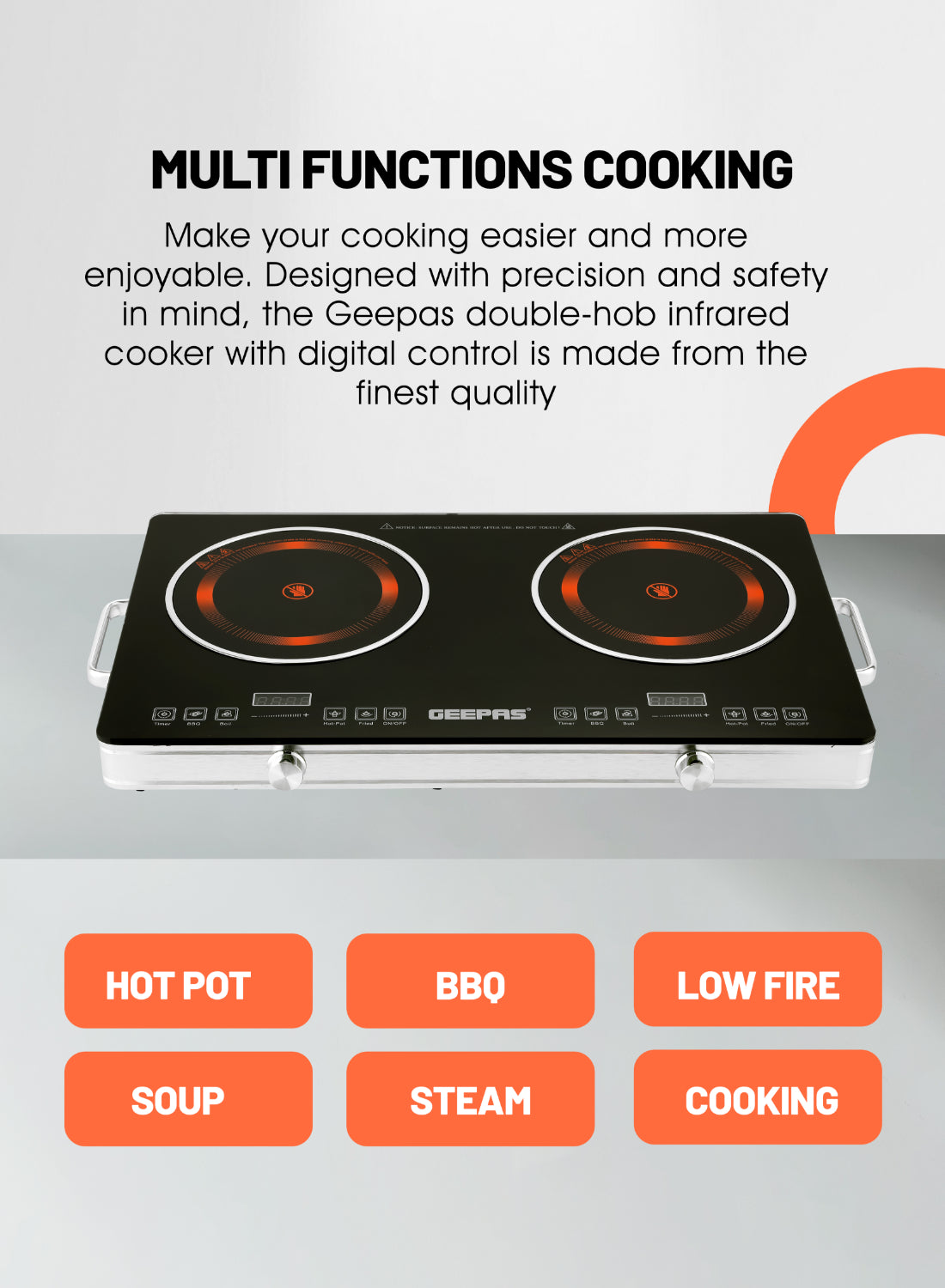 Geepas double Burner Infrared Cooker, 99mins Timer | LED Digital Display | 9 Temperature Settings | Child Lock | Ceramic Heating Element, Touch & Knob Control GIC6131 Multicolour
