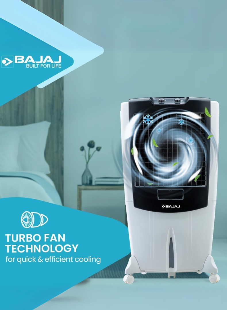 Bajaj Shield Series Mighty 95 Litres Desert Air Cooler – Heavy-Duty Cooler with Powerful Air Delivery, Honeycomb Pads, Ice Chamber, Inverter Compatible, Energy Efficient Cooling for Large Rooms & Outdoor Spaces 480146 white