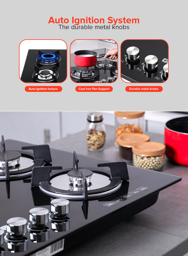 Geepas 5-Burner Gas Hob - Attractive Design, 8mm Tempered Glass Worktop - Automatic Ignition, 5 Heating Zones |Ergonomic Design, Stainless Steel Body