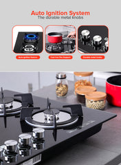 Geepas 5-Burner Gas Hob - Attractive Design, 8mm Tempered Glass Worktop - Automatic Ignition, 5 Heating Zones |Ergonomic Design, Stainless Steel Body