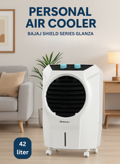 Bajaj Shield Series Glanza 42 Litres Air Cooler – Model 480164 | Compact & Powerful Personal Cooler with Honeycomb Pads, Ice Chamber, Turbo Air Throw, Inverter Compatible, Energy Efficient for Homes & Offices 480164 white