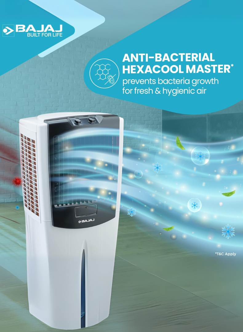Bajaj Shield Series Mighty 95 Litres Desert Air Cooler – Heavy-Duty Cooler with Powerful Air Delivery, Honeycomb Pads, Ice Chamber, Inverter Compatible, Energy Efficient Cooling for Large Rooms & Outdoor Spaces 480146 white