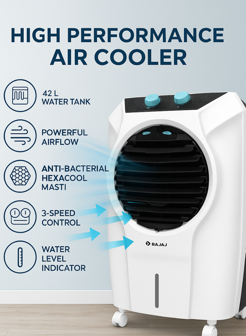 Bajaj Shield Series Glanza 42 Litres Air Cooler – Model 480164 | Compact & Powerful Personal Cooler with Honeycomb Pads, Ice Chamber, Turbo Air Throw, Inverter Compatible, Energy Efficient for Homes & Offices 480164 white