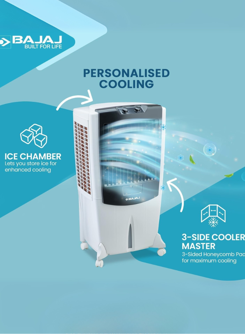 Bajaj Shield Series Mighty 95 Litres Desert Air Cooler – Heavy-Duty Cooler with Powerful Air Delivery, Honeycomb Pads, Ice Chamber, Inverter Compatible, Energy Efficient Cooling for Large Rooms & Outdoor Spaces 480146 white