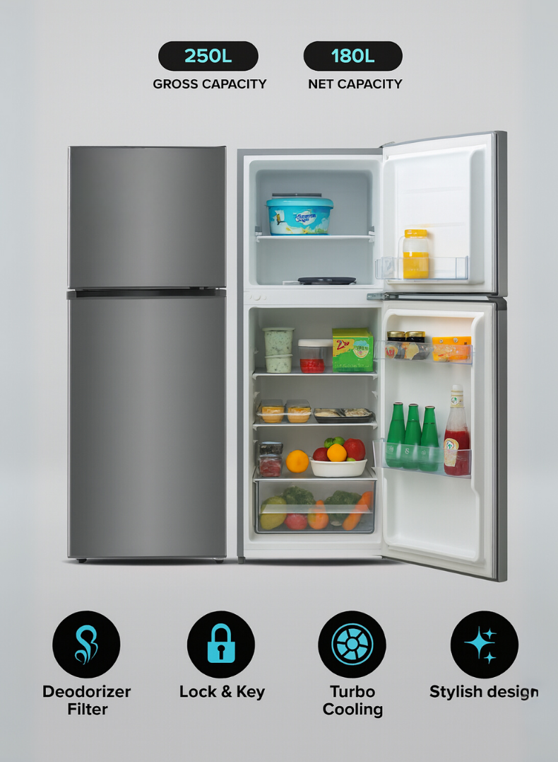 Venus 250L Double Door Refrigerator | No Frost, Stainless Steel Finish, Multi Cooling System, Tempered Glass Shelves, R600a Eco-Friendly Gas