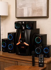 I sonic IS460 5.1 Channel Home Theater Speaker System with 25,000 PMPO Output, Bluetooth Connectivity, USB/SD/FM Support, LED Display & Remote Control – Surround Sound for Home Entertainment-One Year Warranty.
