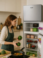 Kelon 490 Liters Top Mount Refrigerator – Double Door, Large Freezer & Fridge, Adjustable Glass Shelves, Energy Efficient Cooling, Low Noise Operation, Modern White Finish – KRD-49WRS Silver-One Year And Five Years Compressor warranty.