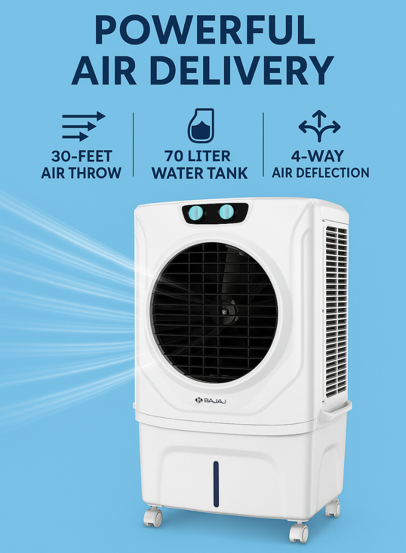 Bajaj Shield Series Chisel 50 Litres Personal Air Cooler – Powerful & Compact Cooler with Honeycomb Pads, Turbo Air Throw, Ice Chamber, Inverter Compatible, Energy Efficient Cooling for Homes & Offices 480138 WHITE