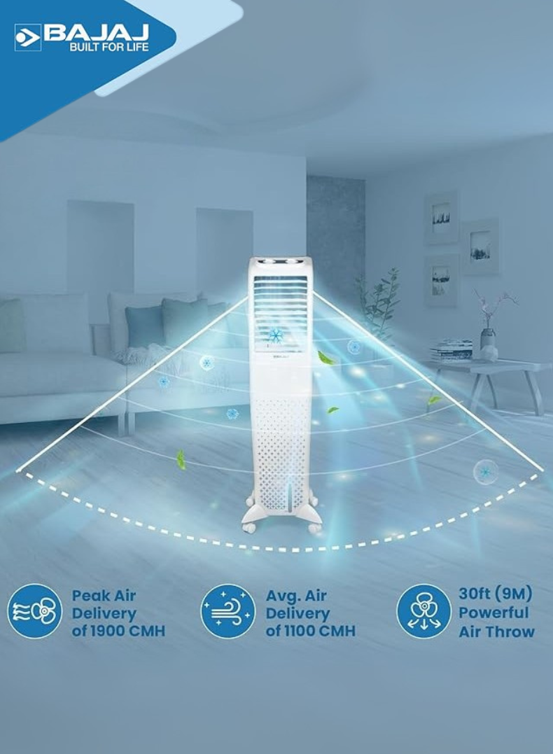 Bajaj TMH50 50L Tower Air Cooler with DuraMarine Pump (2-Yr Warranty), Hexacool & Typhoon Blower Technology, Ice Chamber, 30 Ft Air Throw, Portable AC for Home – White 480118 white
