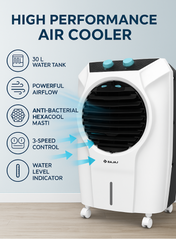 Bajaj Shield Series Glanza 30 Litres Personal Air Cooler – Compact & Stylish Cooler with Honeycomb Pads, Turbo Air Throw, Ice Chamber, Inverter Compatible, Energy Efficient Cooling for Bedrooms & Offices 480165 white