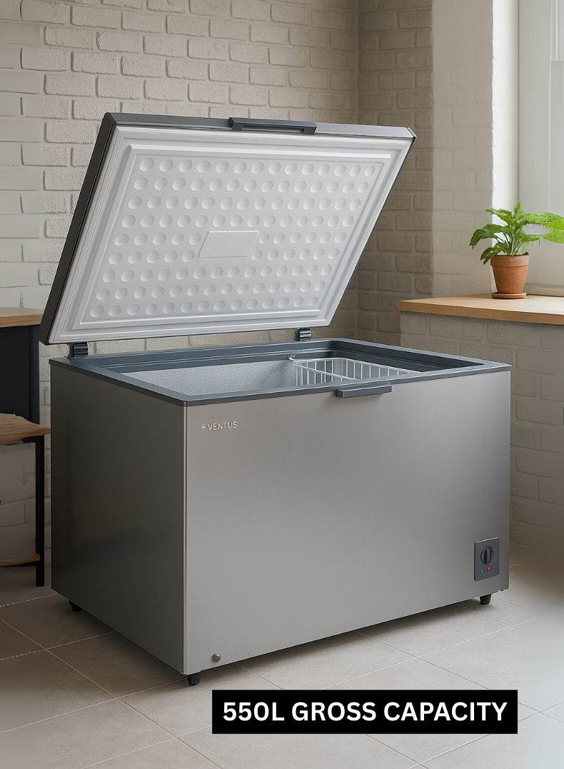 Chest Freezer VCF550 – 550 Litres Gross Capacity, Heavy DChest Freezer VCF550 – 550 Litres Gross CaVenus Chest Freezer VCF550 – 550 Liters Gross Capacity, Heavy Duty Compressor, Glossy Silver Finish, R600a Eco-Friendly Refrigerant, Top Sliding Glass Door